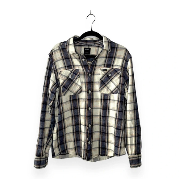 RVCA That’ll Work Flannel Oversized Long Sleeve Shirt in Blue and White Size S - Picture 6 of 15